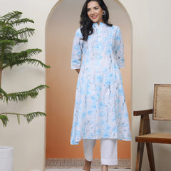 Vaasva Women white floral Cotton printed flare Kurti with pant (Set of 5 Pc)