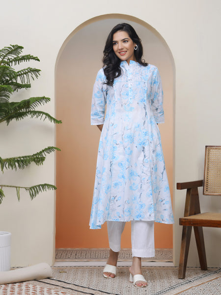 Vaasva Women white floral Cotton printed flare Kurti with pant (Set of 5 Pc)