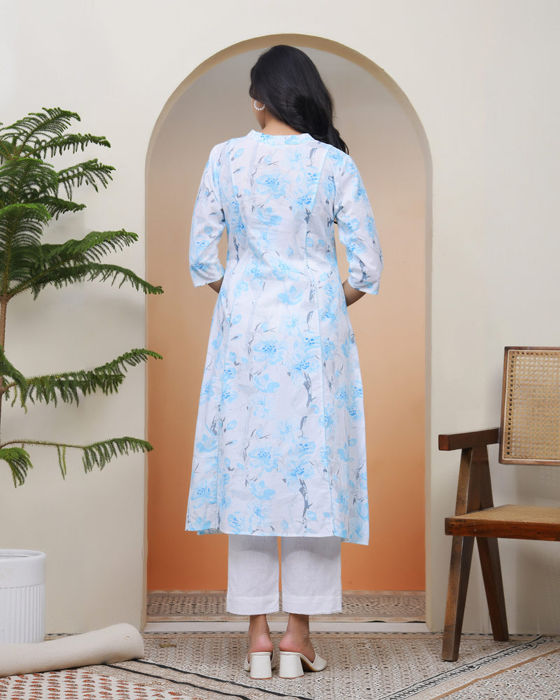 Vaasva Women white floral Cotton printed flare Kurti with pant (Set of 5 Pc)