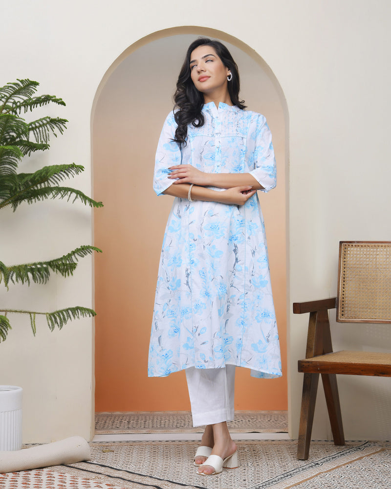 Vaasva Women white floral Cotton printed flare Kurti with pant (Set of 5 Pc)