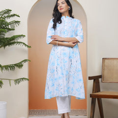 Vaasva Women white floral Cotton printed flare Kurti with pant (Set of 5 Pc)