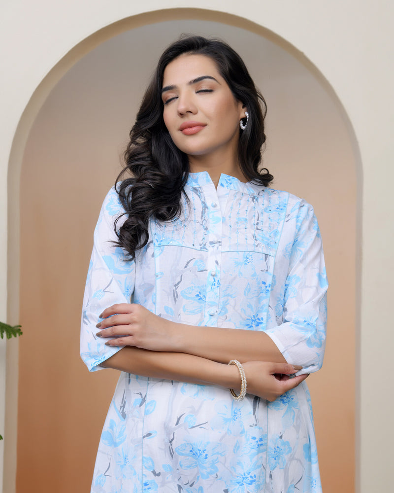 Vaasva Women white floral Cotton printed flare Kurti with pant (Set of 5 Pc)