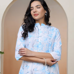 Vaasva Women white floral Cotton printed flare Kurti with pant (Set of 5 Pc)