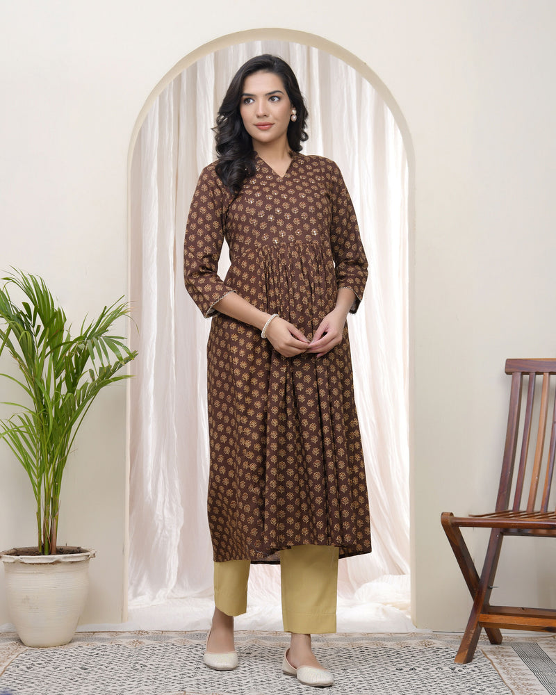 Vaasva Brown boonta Cotton printed gathered Kurti with pant (Set of 5 Pc)