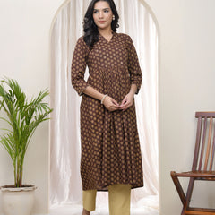 Vaasva Brown boonta Cotton printed gathered Kurti with pant (Set of 5 Pc)