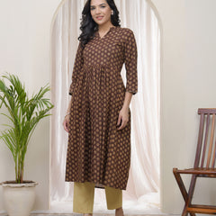 Vaasva Brown boonta Cotton printed gathered Kurti with pant (Set of 5 Pc)