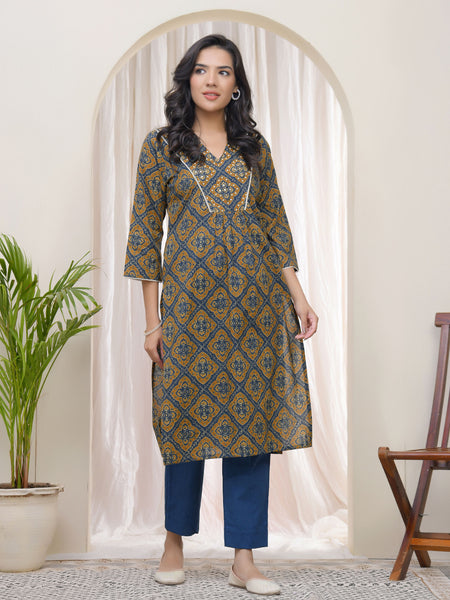 Vaasva Blue ajrakh Cotton printed gathered Kurti with pant (Set of 5 Pc)