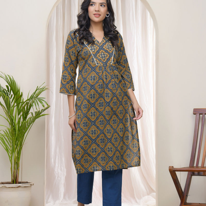Vaasva Blue ajrakh Cotton printed gathered Kurti with pant (Set of 5 Pc)