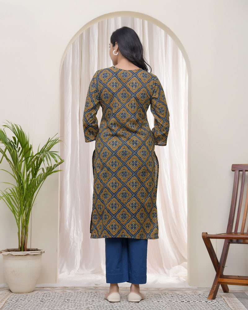 Vaasva Blue ajrakh Cotton printed gathered Kurti with pant (Set of 5 Pc)