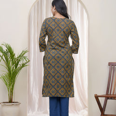 Vaasva Blue ajrakh Cotton printed gathered Kurti with pant (Set of 5 Pc)
