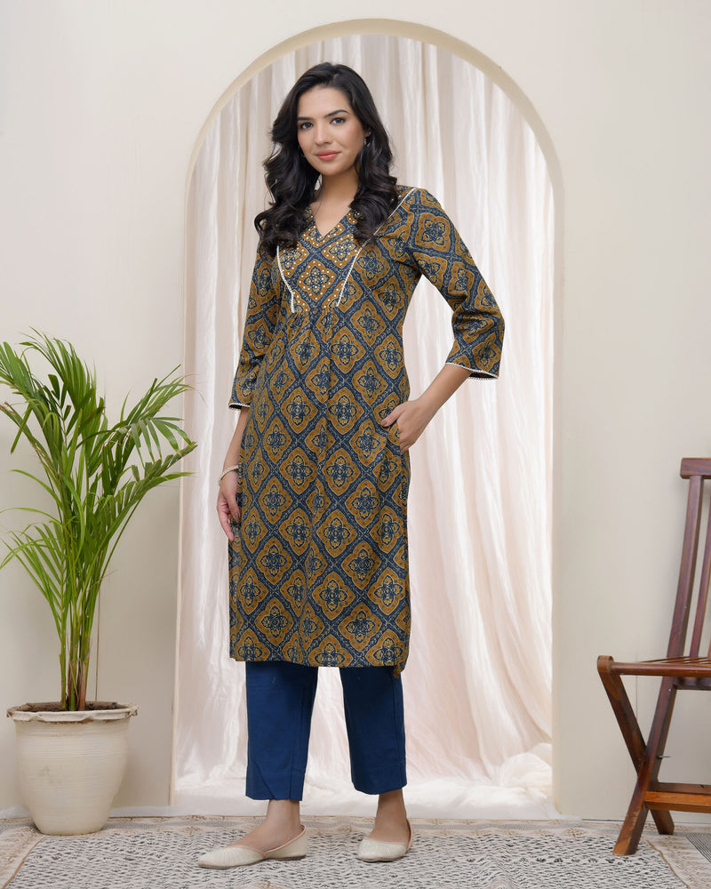 Vaasva Blue ajrakh Cotton printed gathered Kurti with pant (Set of 5 Pc)