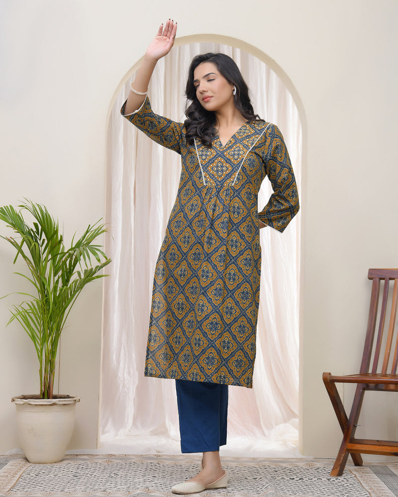 Vaasva Blue ajrakh Cotton printed gathered Kurti with pant (Set of 5 Pc)