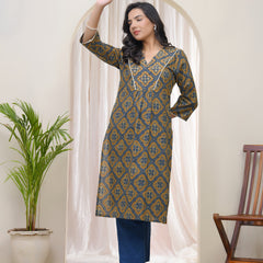 Vaasva Blue ajrakh Cotton printed gathered Kurti with pant (Set of 5 Pc)