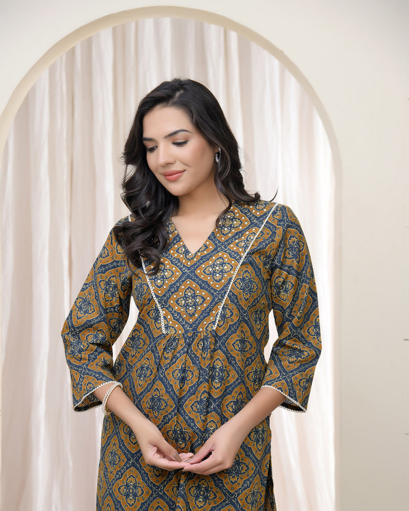 Vaasva Blue ajrakh Cotton printed gathered Kurti with pant (Set of 5 Pc)