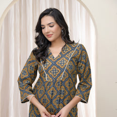 Vaasva Blue ajrakh Cotton printed gathered Kurti with pant (Set of 5 Pc)