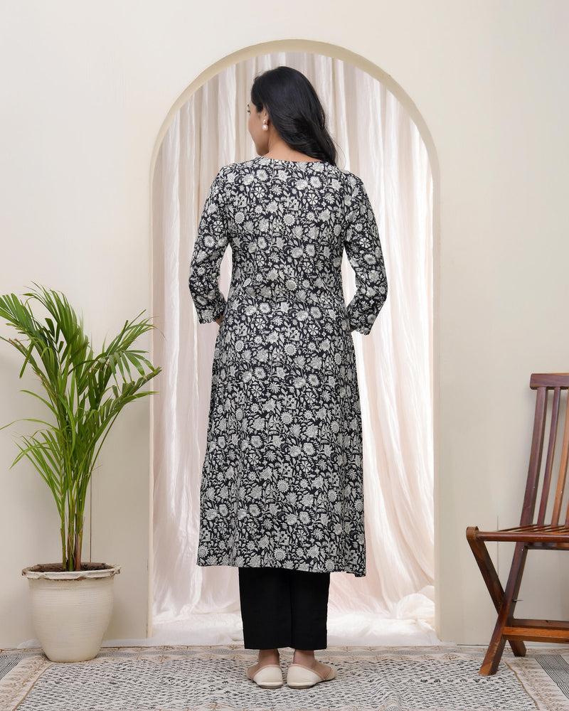 VaasvaBlack Floral Cotton printed gathered Kurti with pant (Set of 5 Pc)