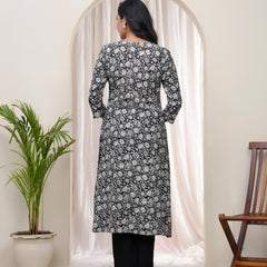 VaasvaBlack Floral Cotton printed gathered Kurti with pant (Set of 5 Pc)