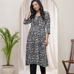 VaasvaBlack Floral Cotton printed gathered Kurti with pant (Set of 5 Pc)