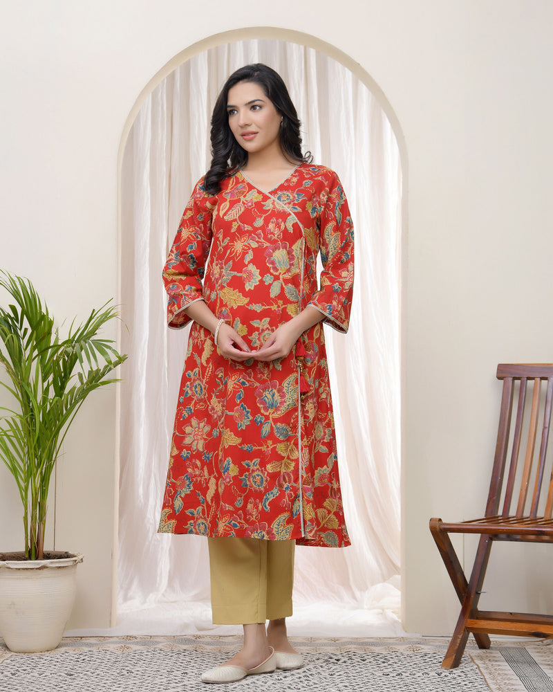 Vaasva Women Red Cotton angrakha kurta with pant (Set of 5 Pc)