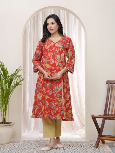 Vaasva Women Red Cotton angrakha kurta with pant (Set of 5 Pc)