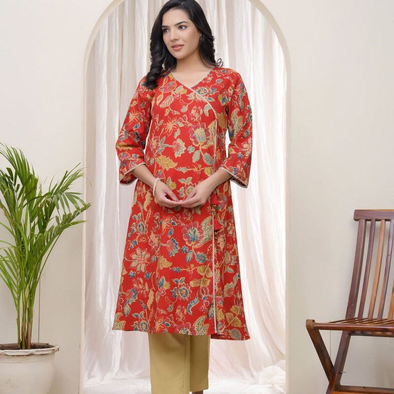 Vaasva Women Red Cotton angrakha kurta with pant (Set of 5 Pc)