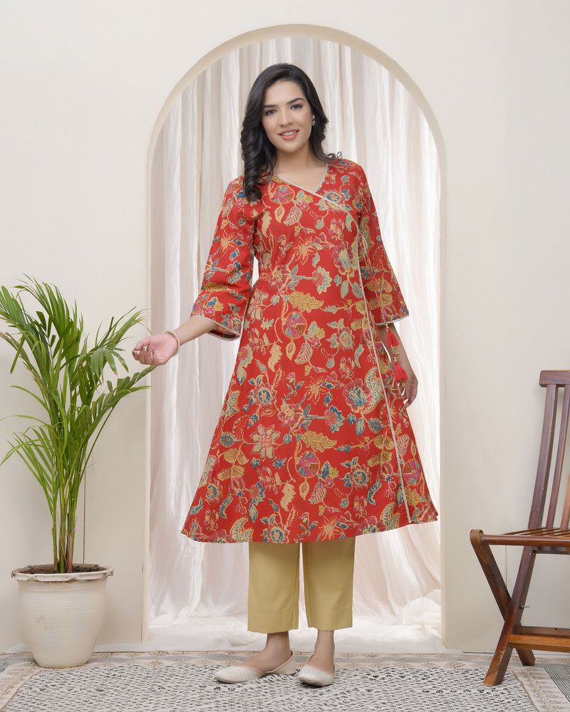 Vaasva Women Red Cotton angrakha kurta with pant (Set of 5 Pc)