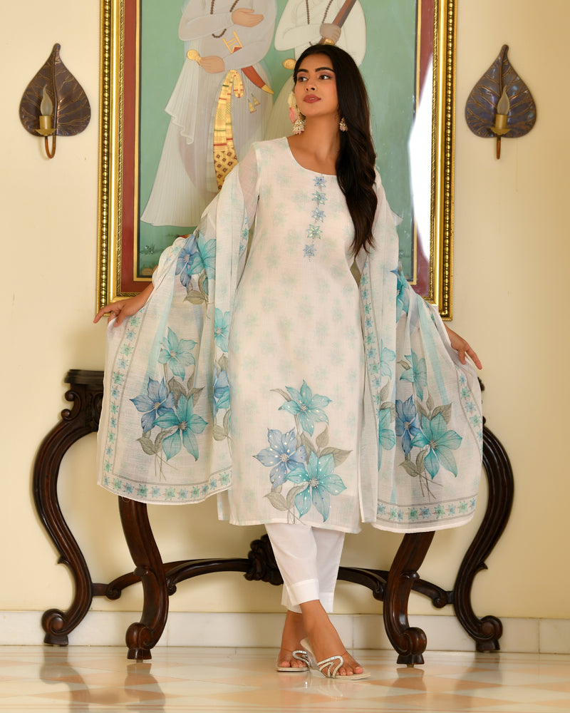 (Vaasva) Women White pink linen kurta with cotton pant & dupatta (Set of 5 Pc)