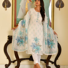 (Vaasva) Women White pink linen kurta with cotton pant & dupatta (Set of 5 Pc)