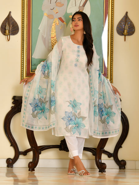 (Vaasva) Women White pink linen kurta with cotton pant & dupatta (Set of 5 Pc)