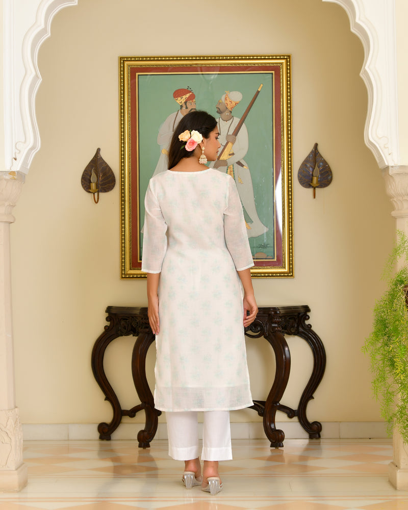 (Vaasva) Women White pink linen kurta with cotton pant & dupatta (Set of 5 Pc)