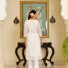 (Vaasva) Women White pink linen kurta with cotton pant & dupatta (Set of 5 Pc)