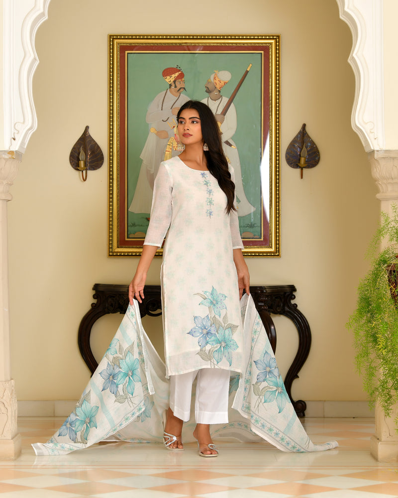 (Vaasva) Women White pink linen kurta with cotton pant & dupatta (Set of 5 Pc)