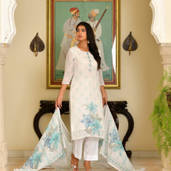(Vaasva) Women White pink linen kurta with cotton pant & dupatta (Set of 5 Pc)
