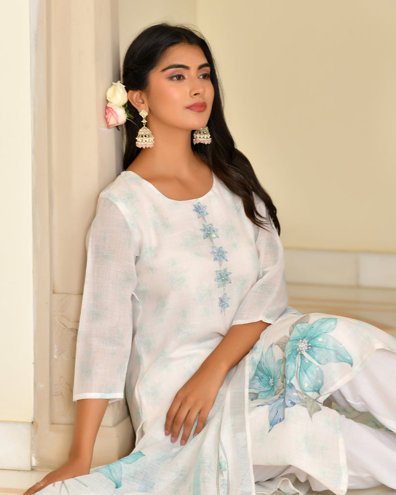 (Vaasva) Women White pink linen kurta with cotton pant & dupatta (Set of 5 Pc)