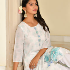 (Vaasva) Women White pink linen kurta with cotton pant & dupatta (Set of 5 Pc)