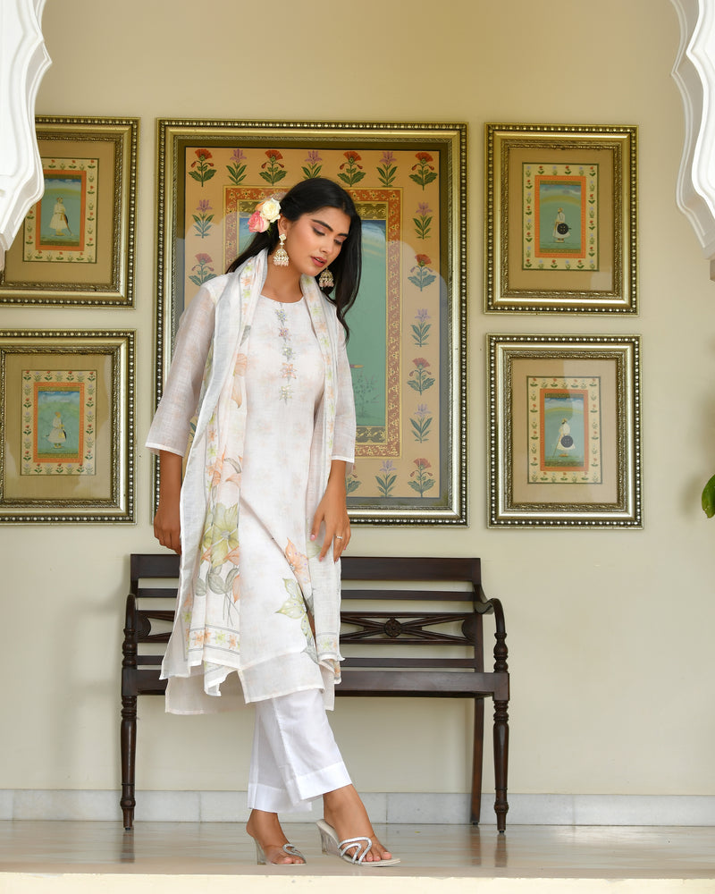(Vaasva) Women White blue linen kurta with cotton pant & dupatta (Set of 5 Pc)