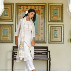 (Vaasva) Women White blue linen kurta with cotton pant & dupatta (Set of 5 Pc)