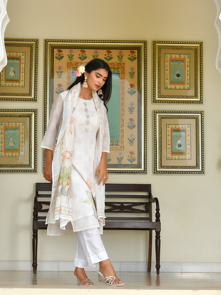 (Vaasva) Women White blue linen kurta with cotton pant & dupatta (Set of 5 Pc)