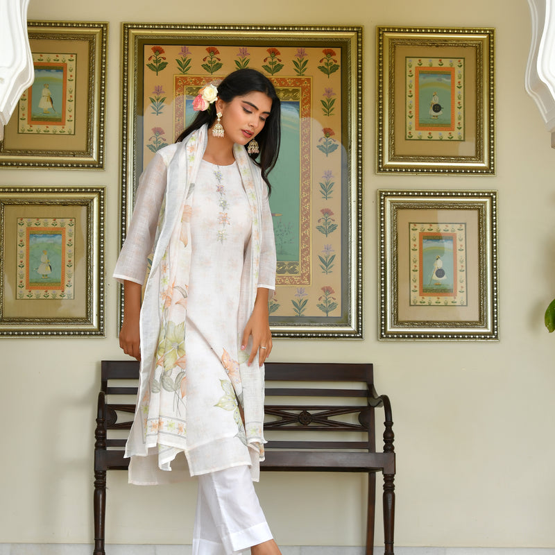 (Vaasva) Women White blue linen kurta with cotton pant & dupatta (Set of 5 Pc)