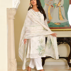(Vaasva) Women White blue linen kurta with cotton pant & dupatta (Set of 5 Pc)
