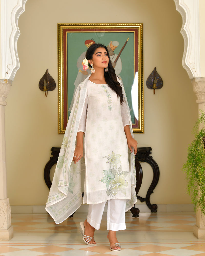 (Vaasva) Women White blue linen kurta with cotton pant & dupatta (Set of 5 Pc)