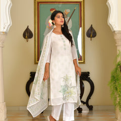 (Vaasva) Women White blue linen kurta with cotton pant & dupatta (Set of 5 Pc)