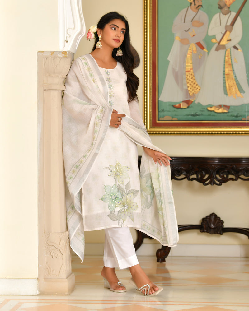(Vaasva) Women White blue linen kurta with cotton pant & dupatta (Set of 5 Pc)