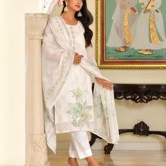 (Vaasva) Women White blue linen kurta with cotton pant & dupatta (Set of 5 Pc)