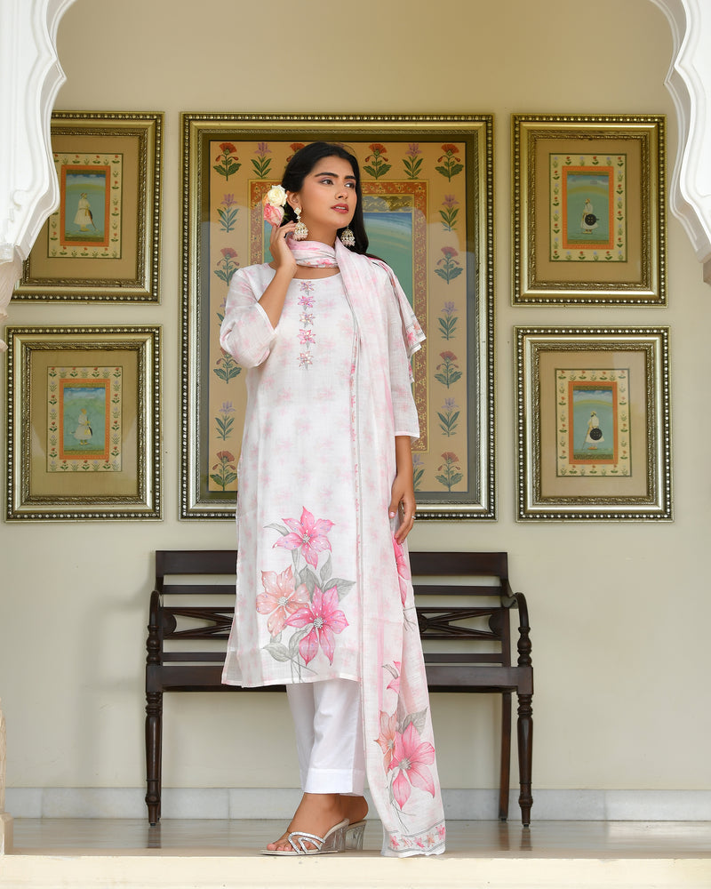 (Vaasva) Women White green linen kurta with cotton pant & dupatta (Set of 5pc)