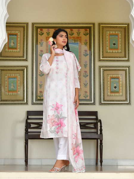 (Vaasva) Women White green linen kurta with cotton pant & dupatta (Set of 5pc)
