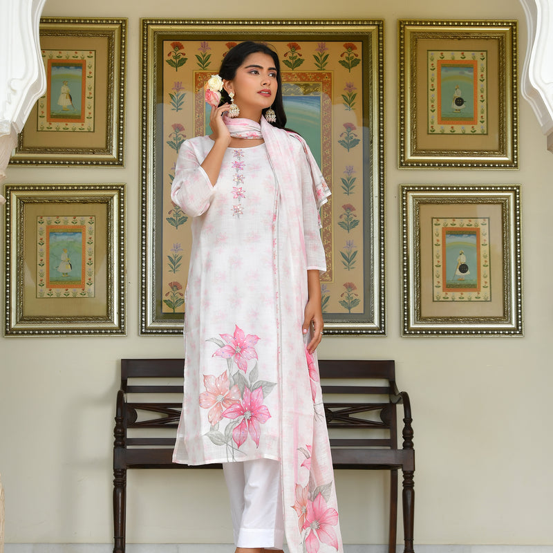 (Vaasva) Women White green linen kurta with cotton pant & dupatta (Set of 5pc)