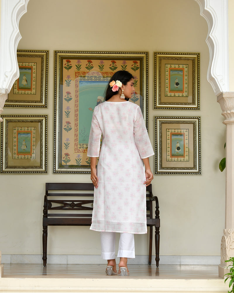 (Vaasva) Women White green linen kurta with cotton pant & dupatta (Set of 5pc)