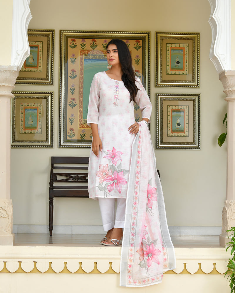 (Vaasva) Women White green linen kurta with cotton pant & dupatta (Set of 5pc)