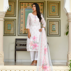 (Vaasva) Women White green linen kurta with cotton pant & dupatta (Set of 5pc)
